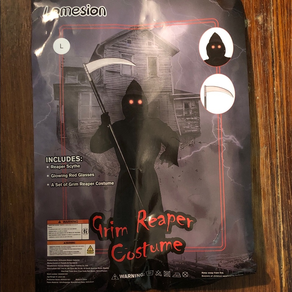 Grim Reaper Kids Costume with Glowing Red Eyes - Black Hooded Robe